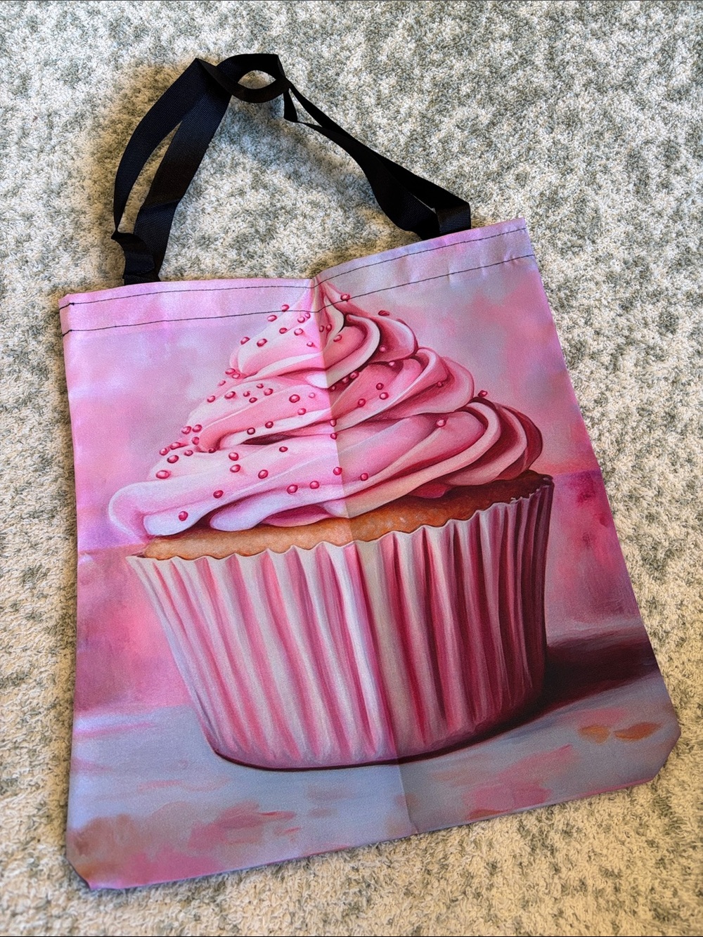 Pink Cupcake with Sprinkles Poly Canvas Tote Bag NWT 15.50x13.75”